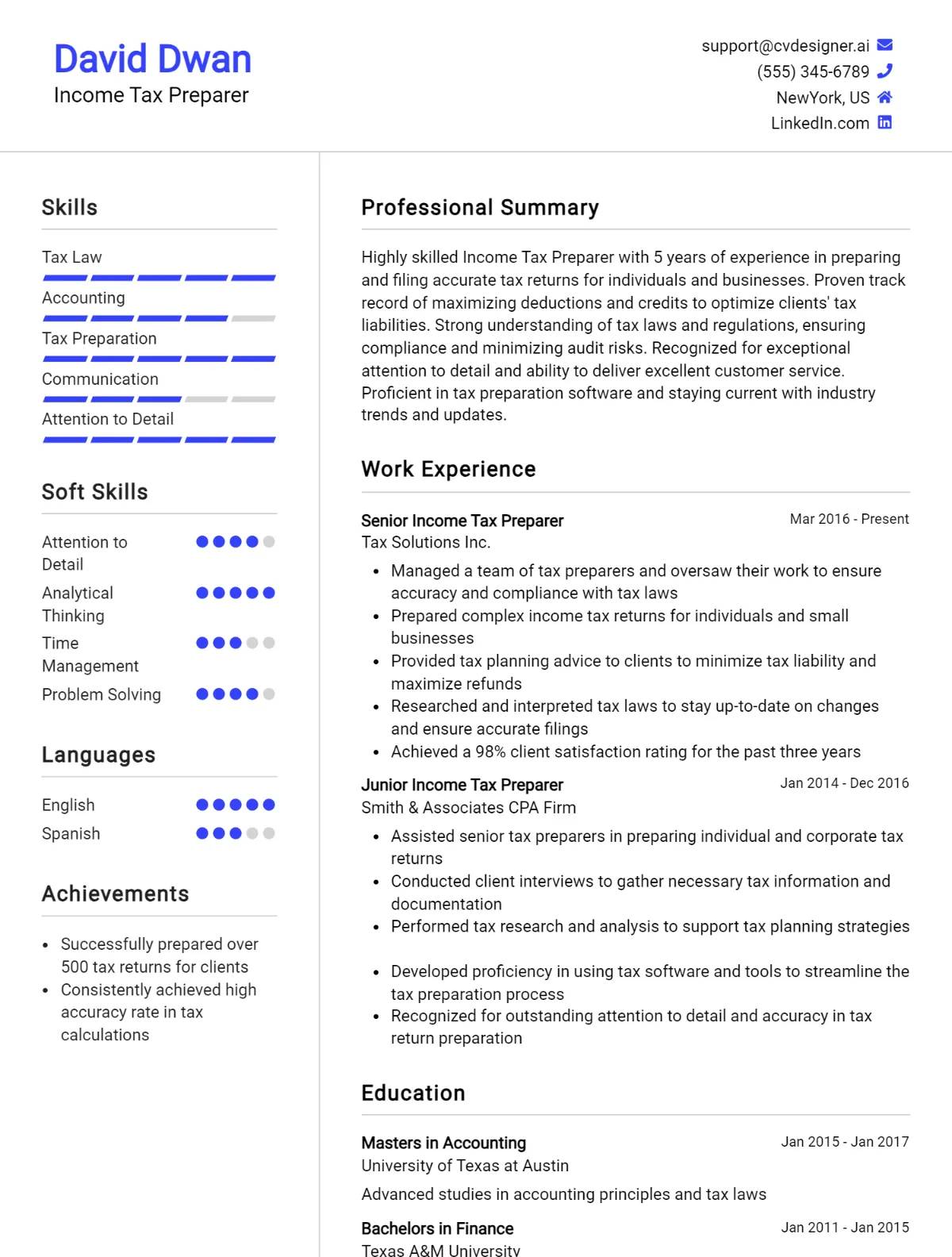 Income Tax Preparer CV Example For 2026: Free Templates Preview