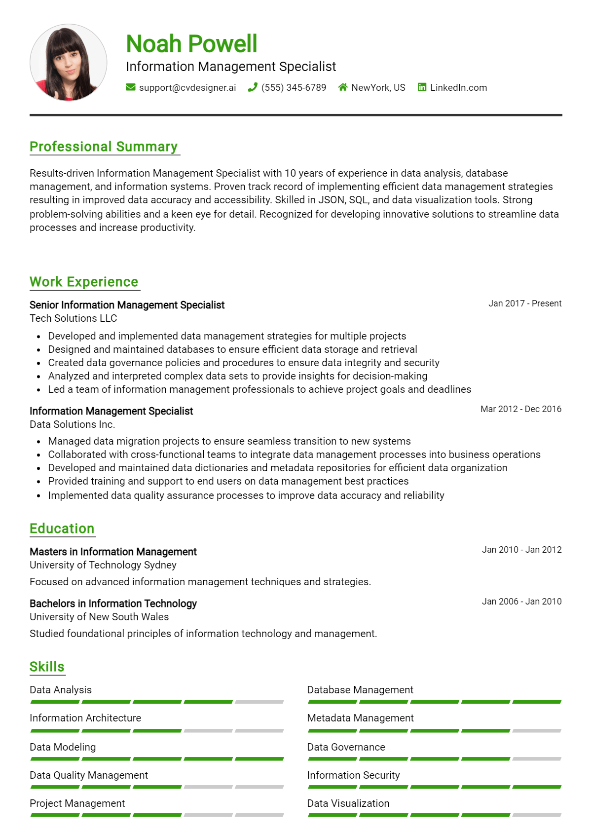 Information Management Specialist Resume Example for 2026: Tips to Stand Out Preview