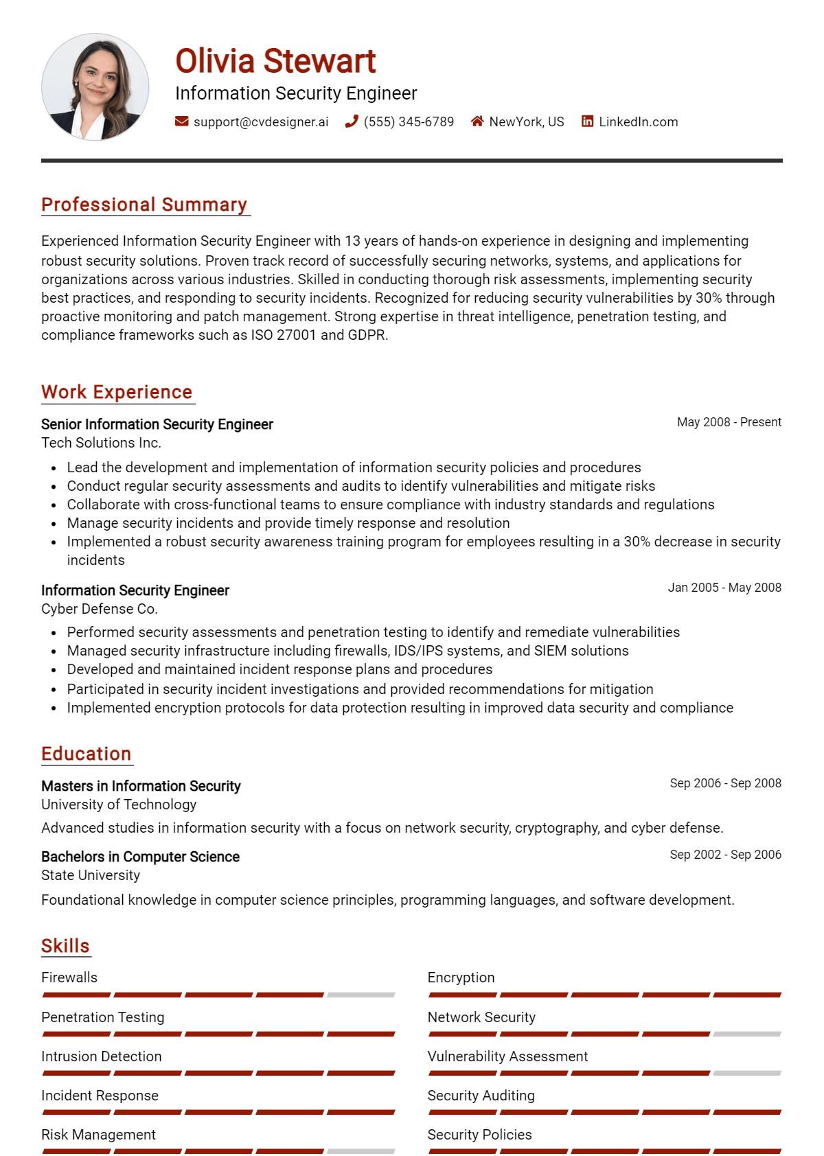 Information Security Engineer Resume Example for 2026: Free Samples Preview