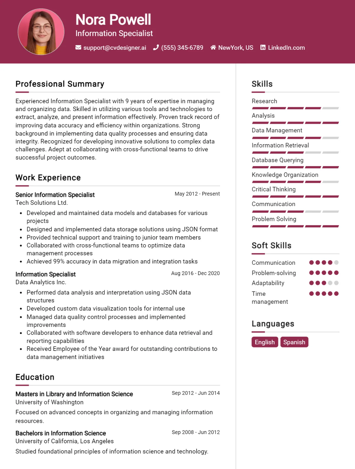 Information Specialist CV Example For 2026: Professional CV Templates Preview