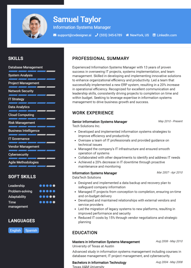 Information Systems Manager Resume Example