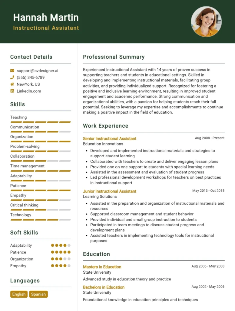 Instructional Assistant CV Example