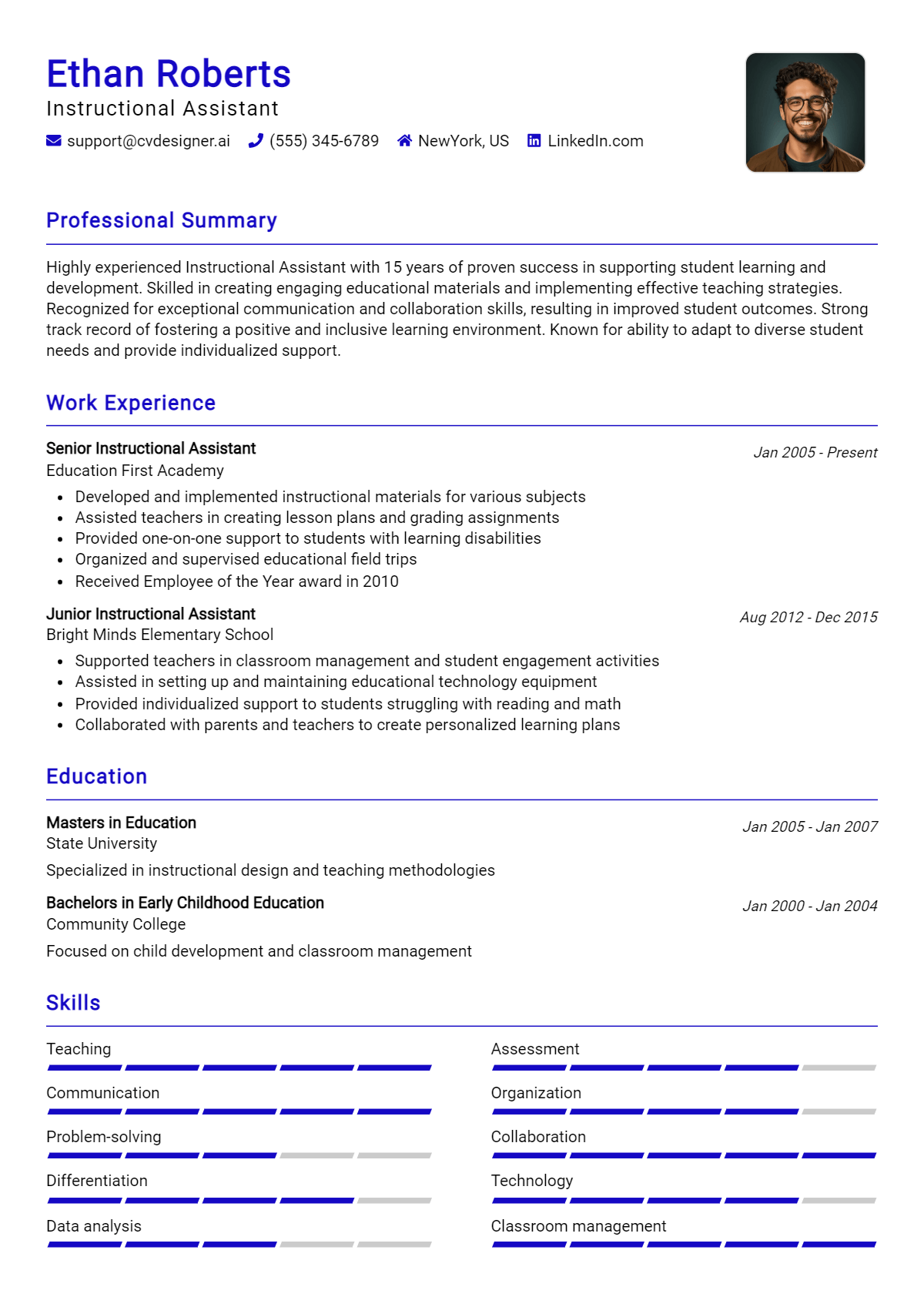 Instructional Assistant Resume Example for 2026: Free Professional Templates Preview