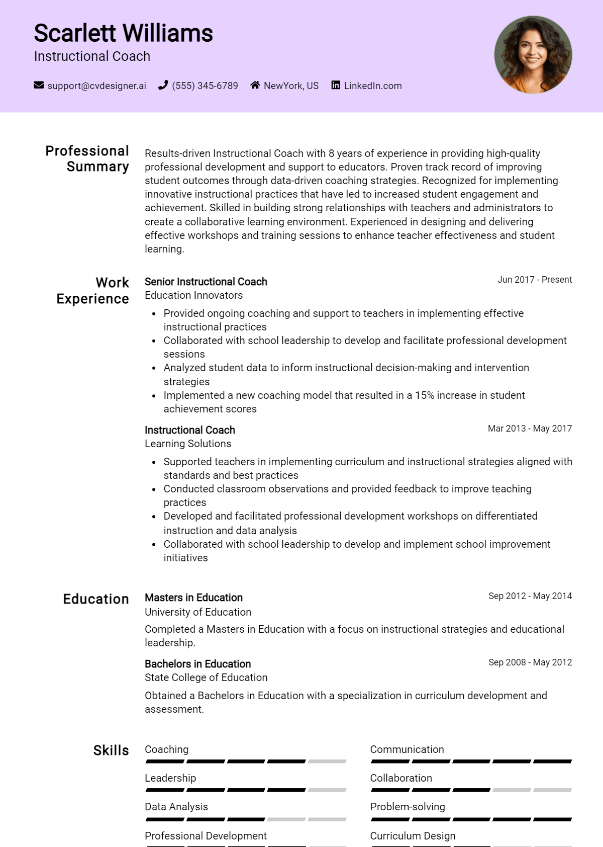 Instructional Coach Resume Example for 2026: Free Professional Templates Preview