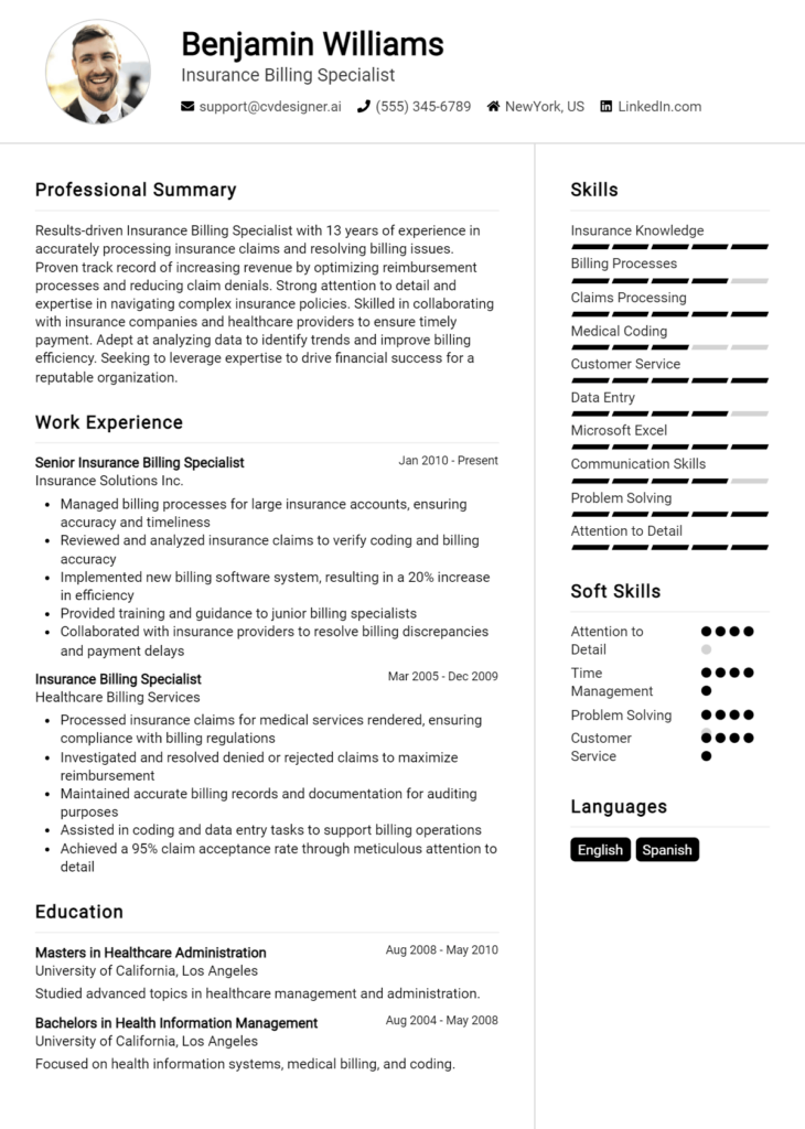 Insurance Billing Specialist Resume Example