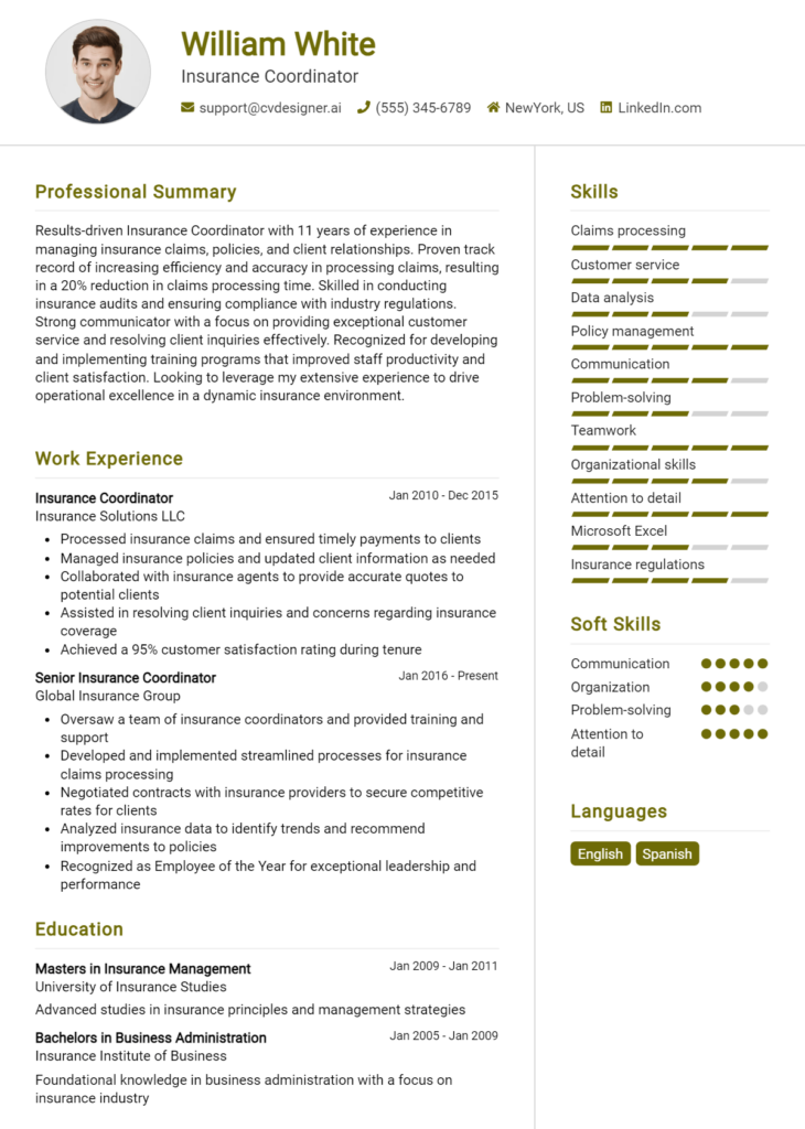 Insurance Coordinator Resume Example