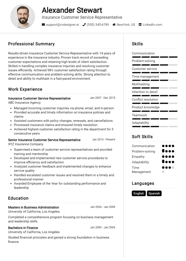 Insurance Customer Service Representative Resume Example