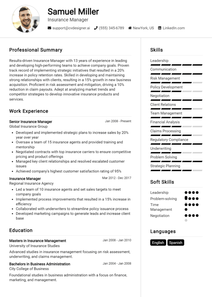 Insurance Manager Resume Example