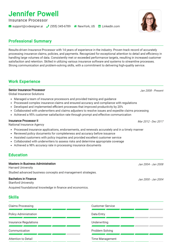 Insurance Processor Resume Example