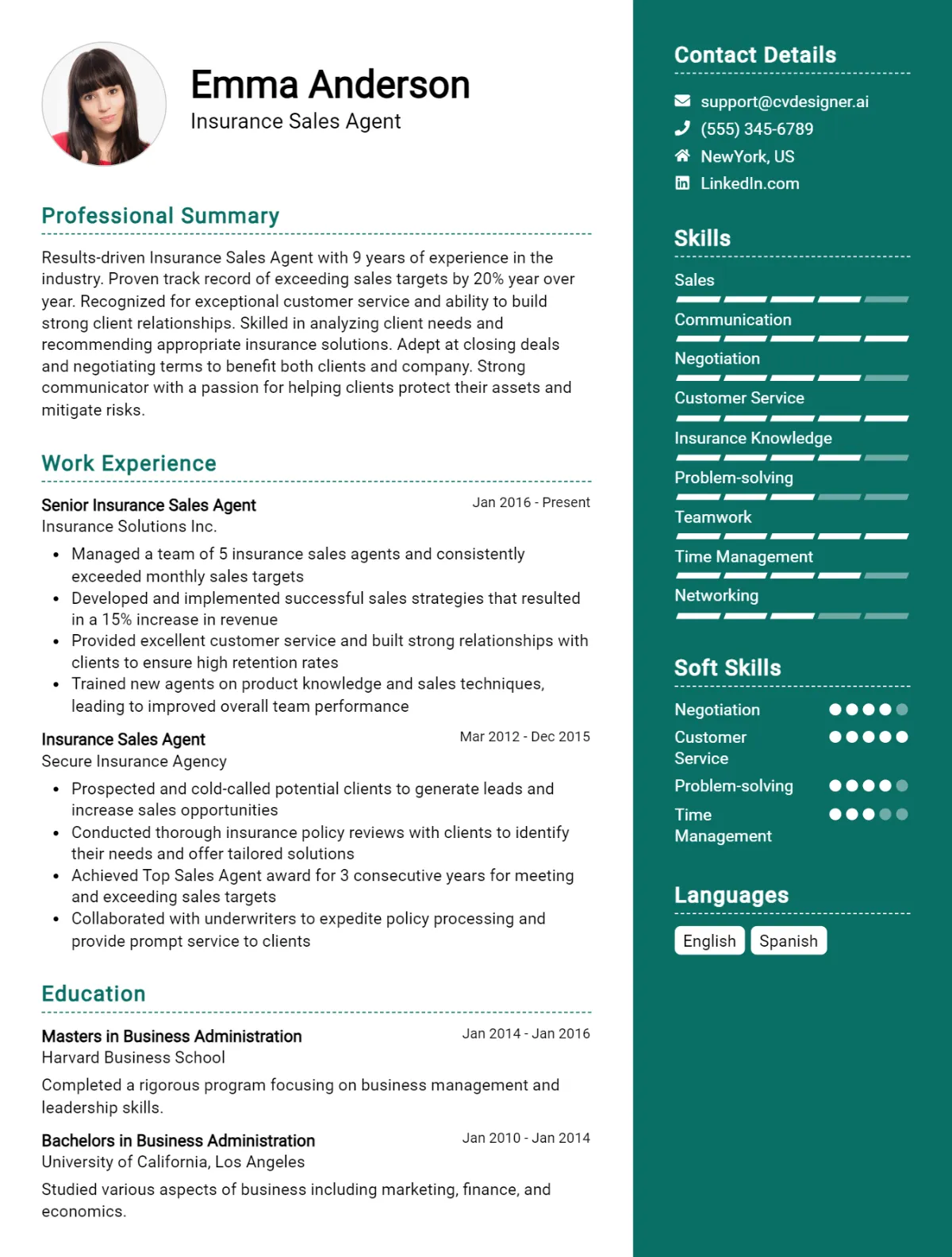 Insurance Sales Agent CV Example For 2026: Free Professional Templates Preview
