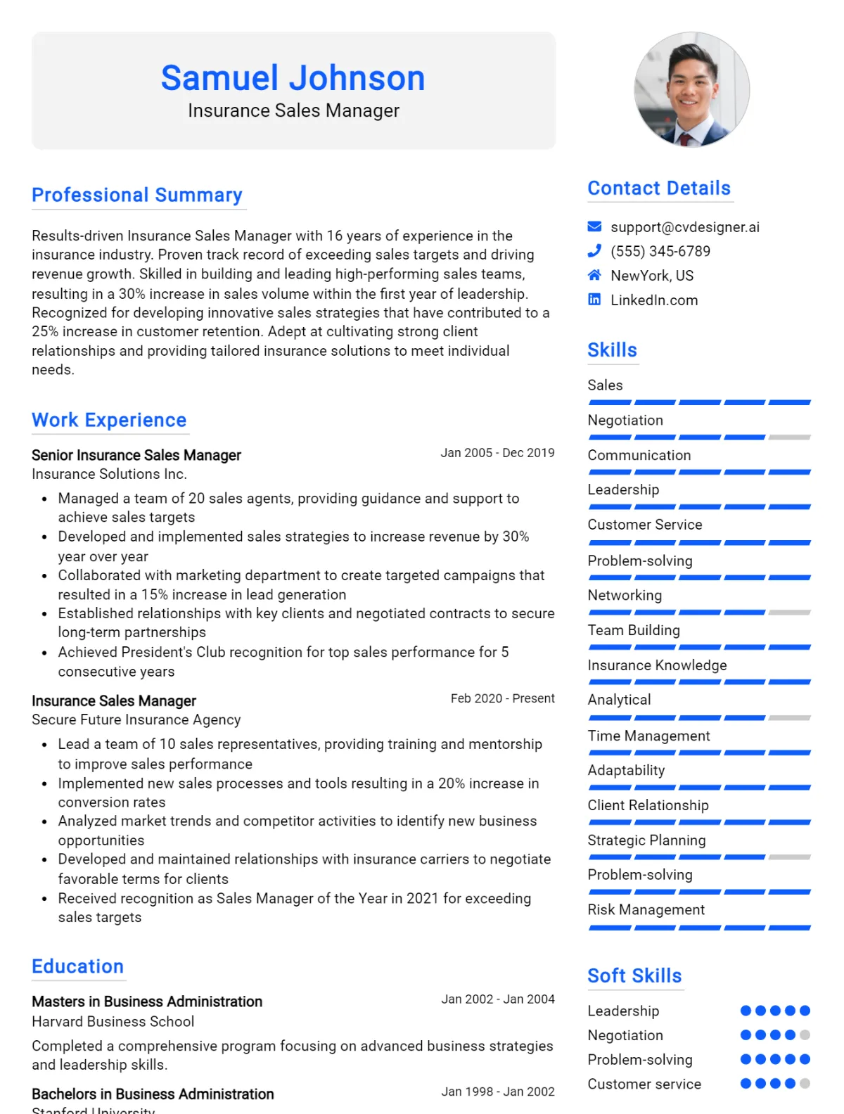 Insurance Sales Manager CV Example For 2026: Free Professional Templates Preview
