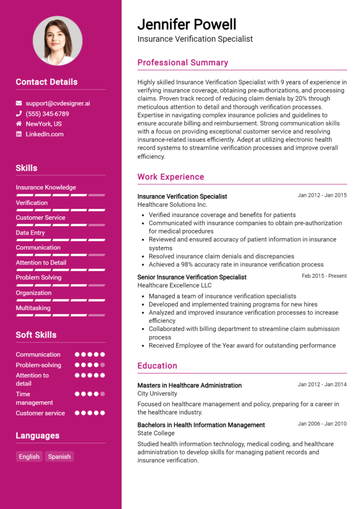 Insurance Verification Specialist Resume Example