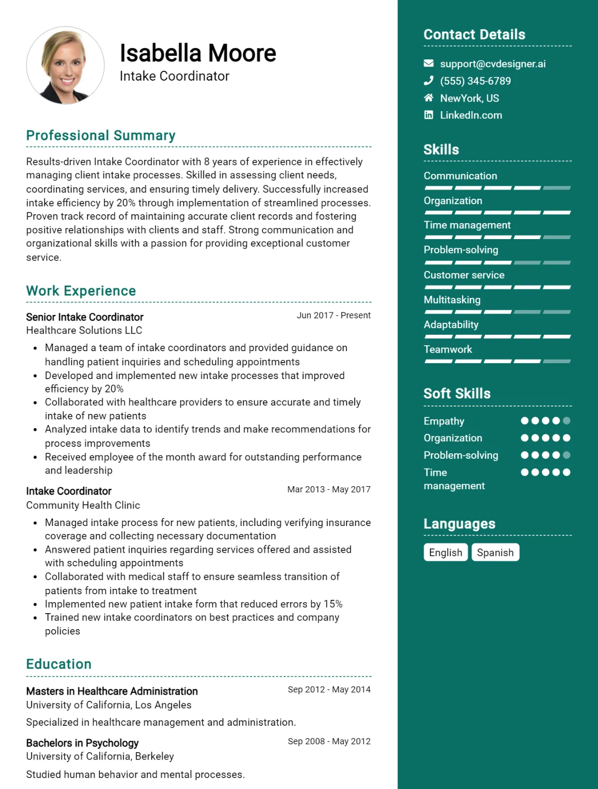 Intake Coordinator CV Example For 2026: Free Professional Templates Preview