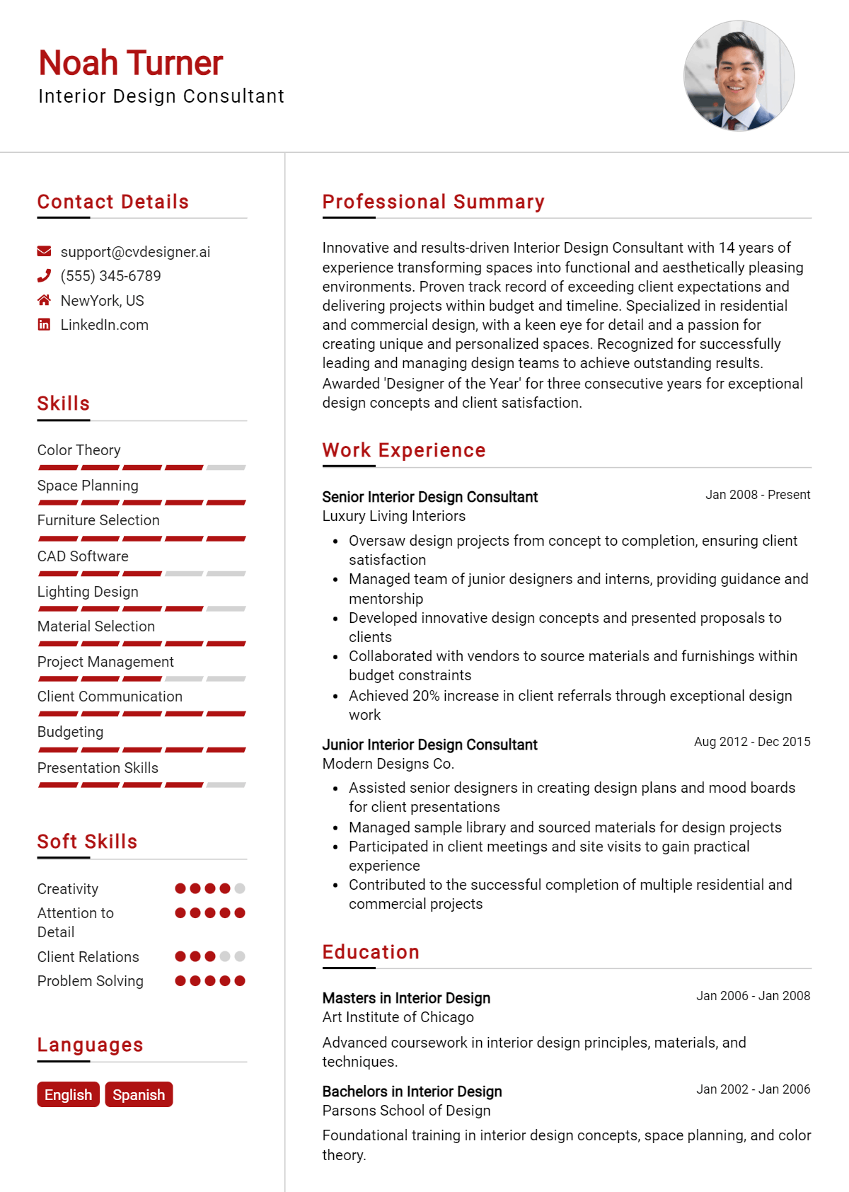 Interior Design Consultant Resume Example for 2026: Free Professional Templates Preview