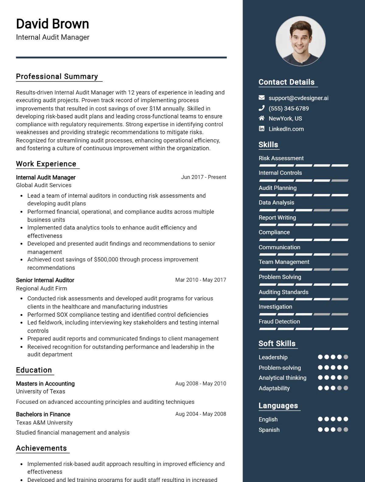 Internal Audit Manager CV Example For 2026: Top CV Skills Preview