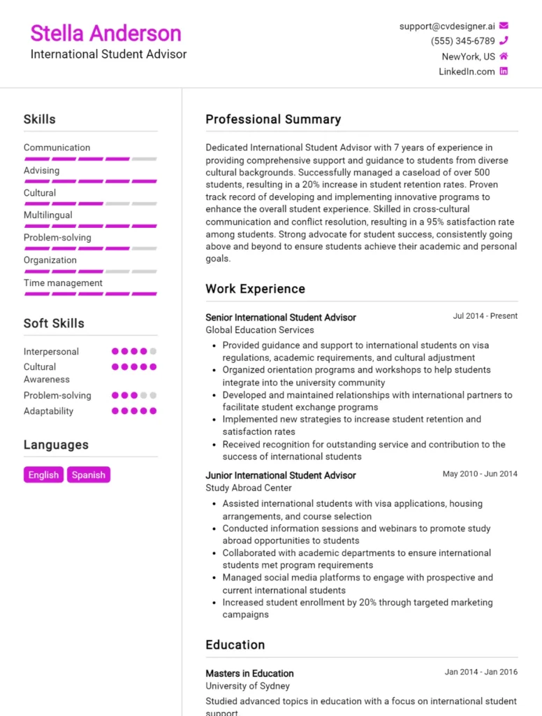 International Student Advisor CV Example