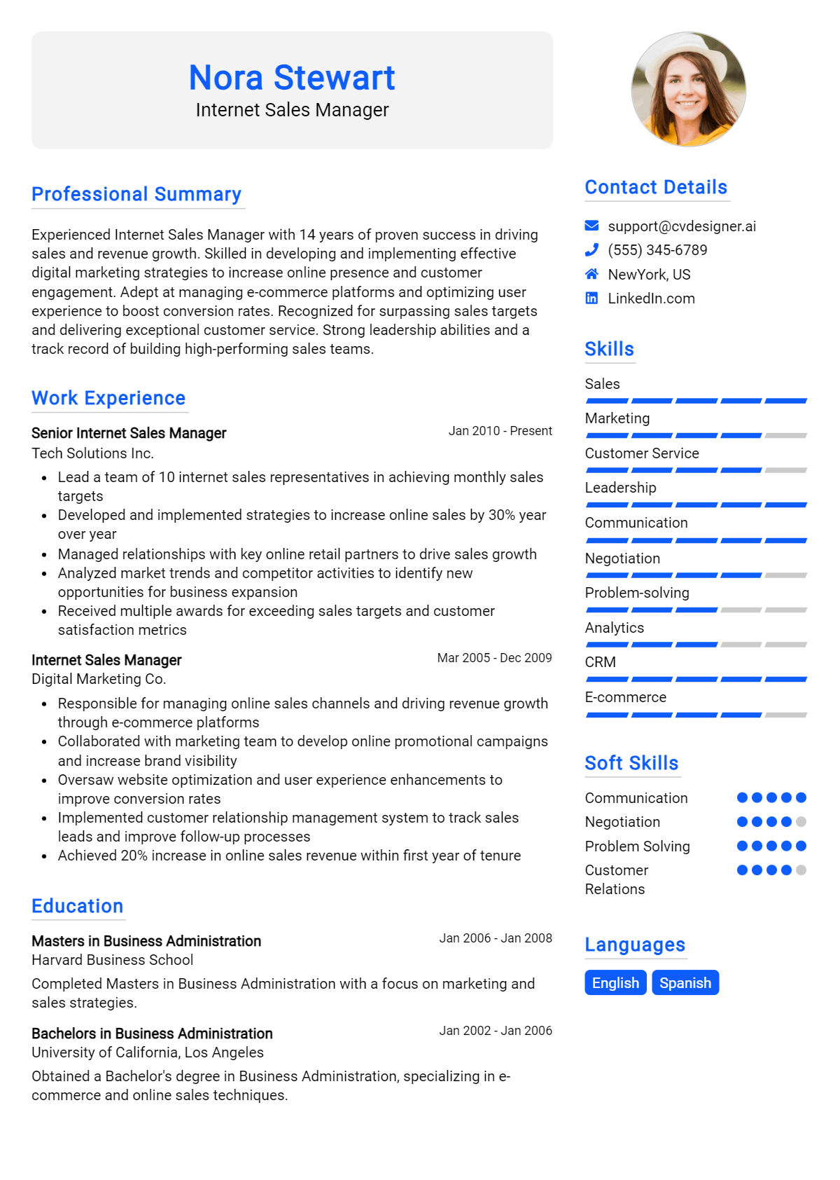 Internet Sales Manager Resume Example for 2026: Free Samples Preview