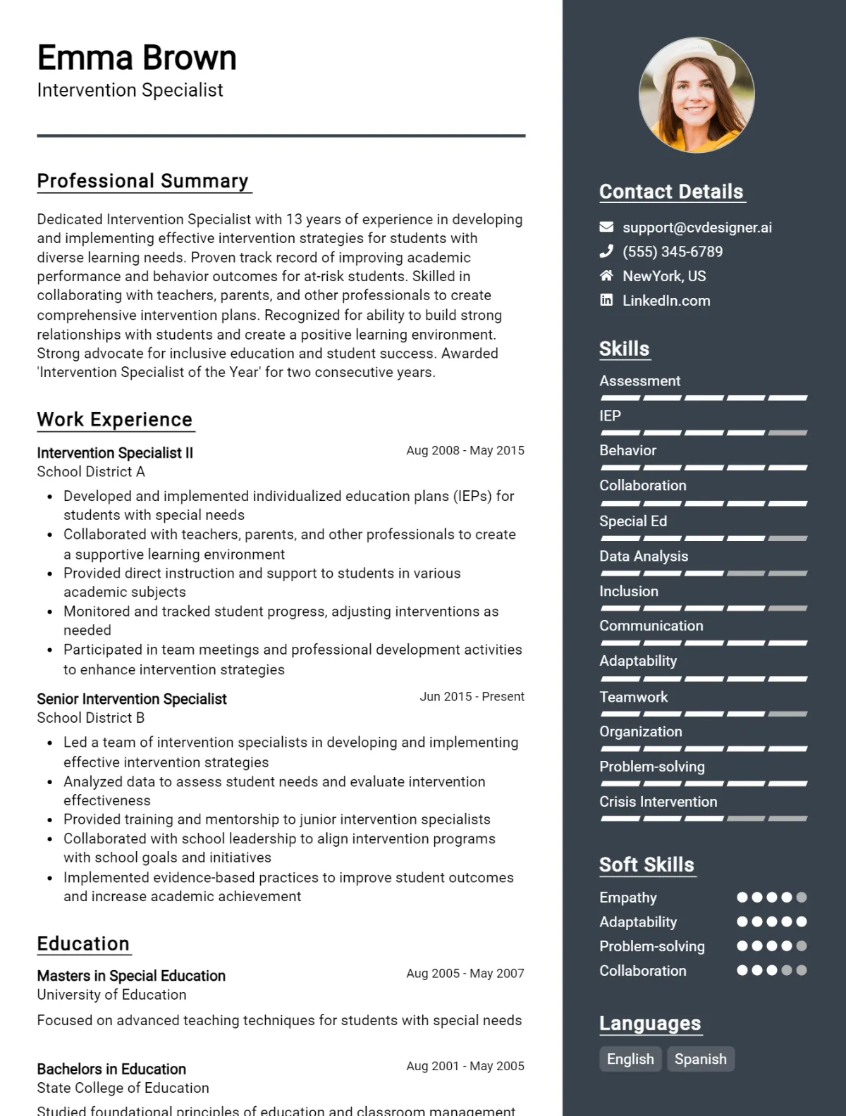 Intervention Specialist CV Example For 2026: Examples & Free Templates Preview