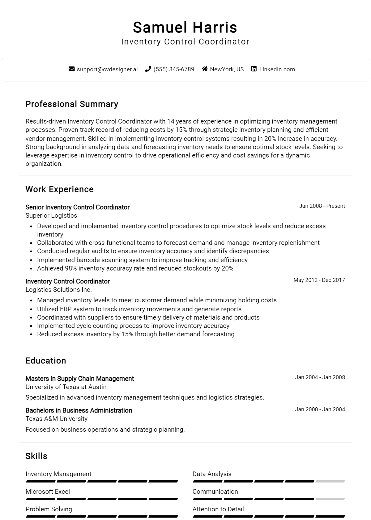 Inventory Control Coordinator Resume Example for 2026: Effective CV Writing Tips Preview