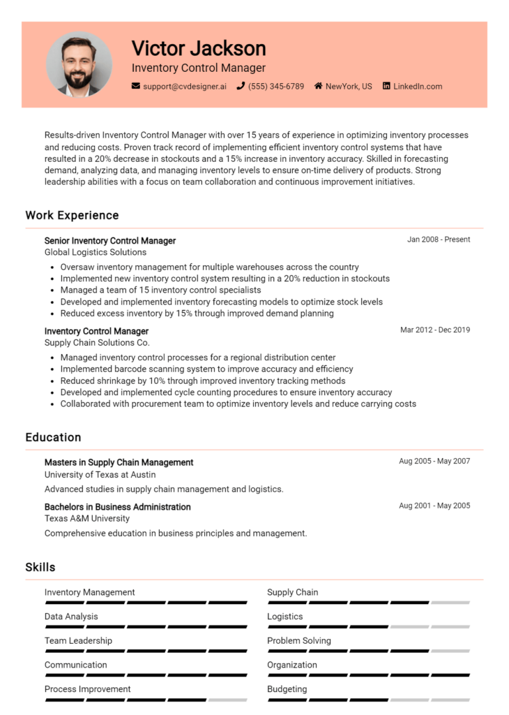 Inventory Control Manager Resume Example