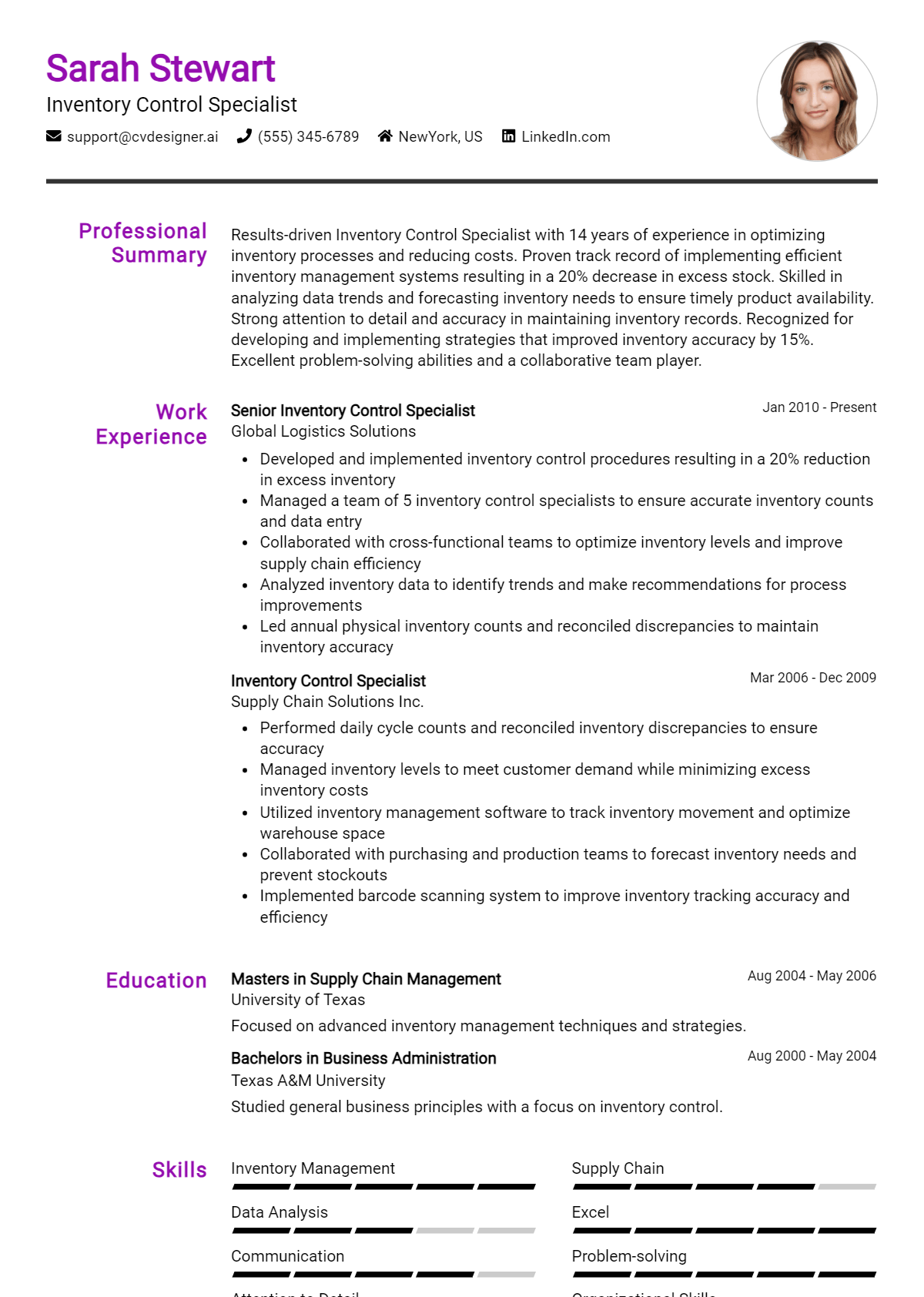 Inventory Control Specialist Resume Example for 2026: Free Professional Templates Preview
