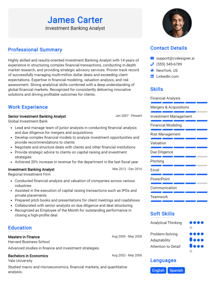 Investment Banking Analyst Resume Example