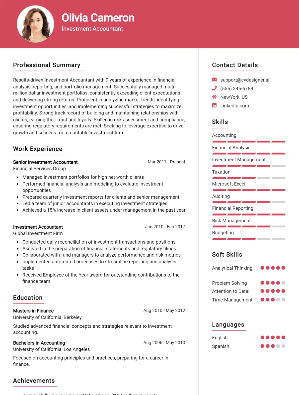 Investment Accountant CV Example For 2026: Free Professional Templates Preview