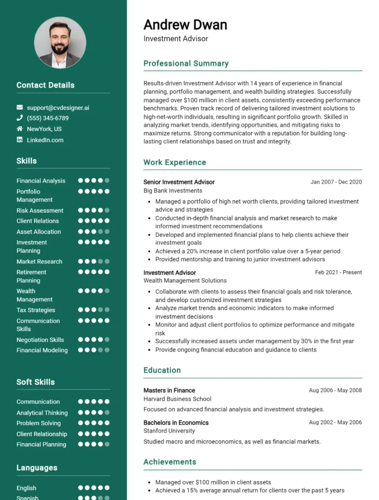 Investment Advisor CV Example