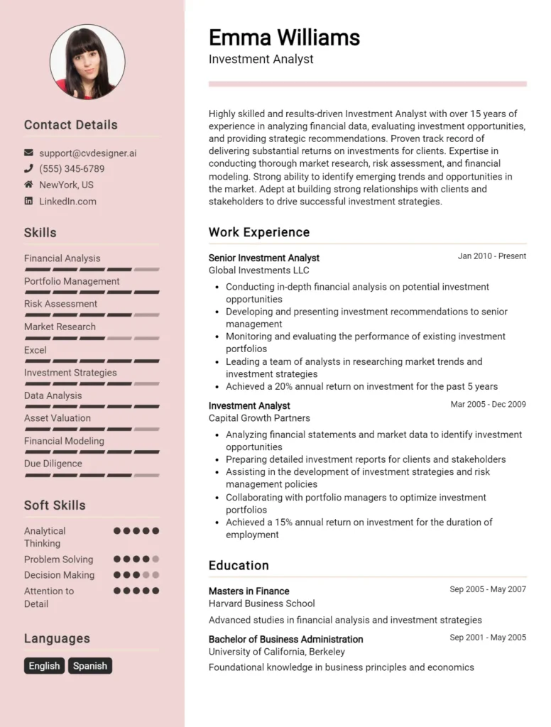 Investment Analyst CV Example