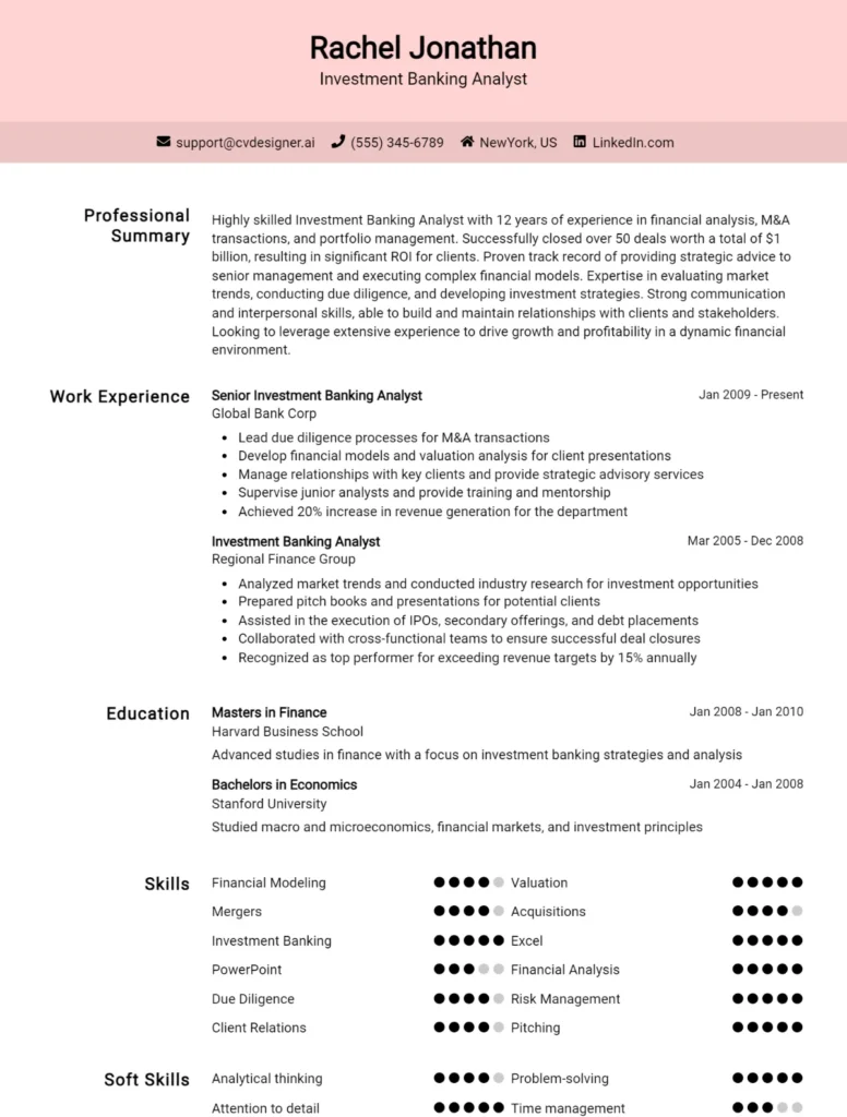 Investment Banking Analyst CV Example