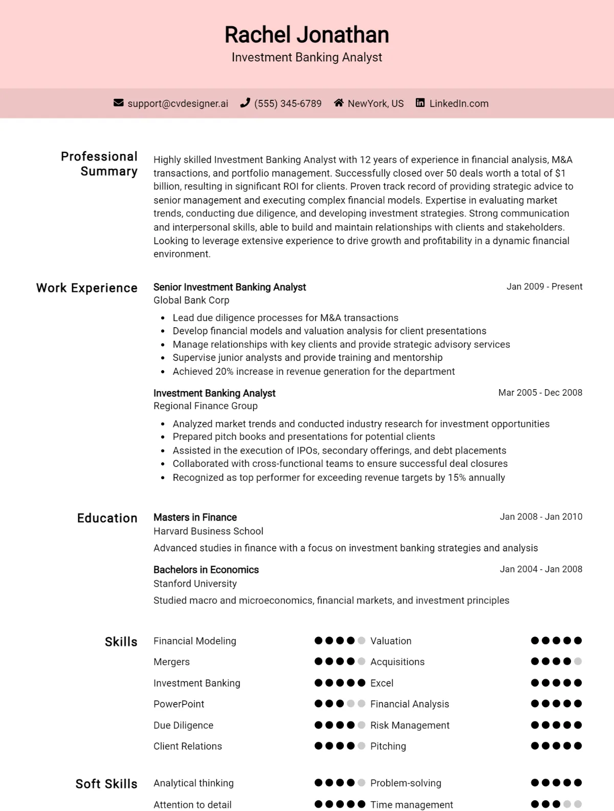 Investment Banking Analyst CV Example For 2026: Top CV Skills Preview