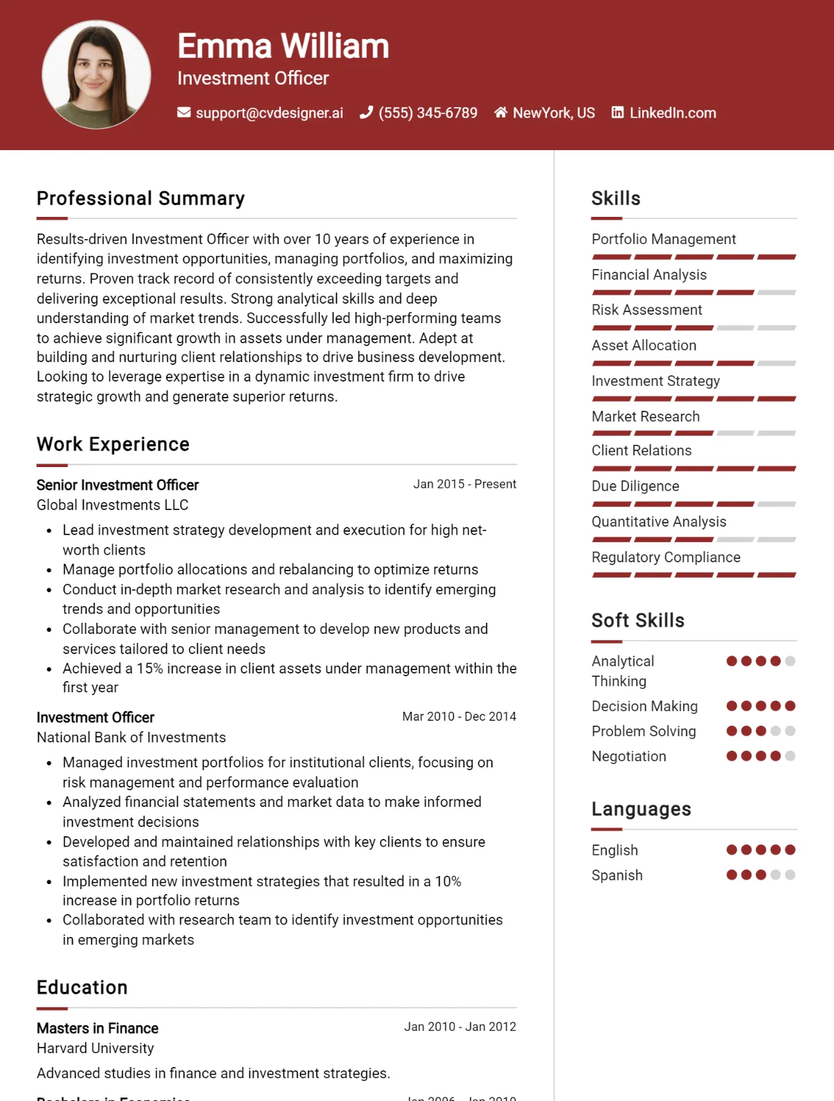 Investment Officer CV Example For 2026: Samples & Best Practices Preview