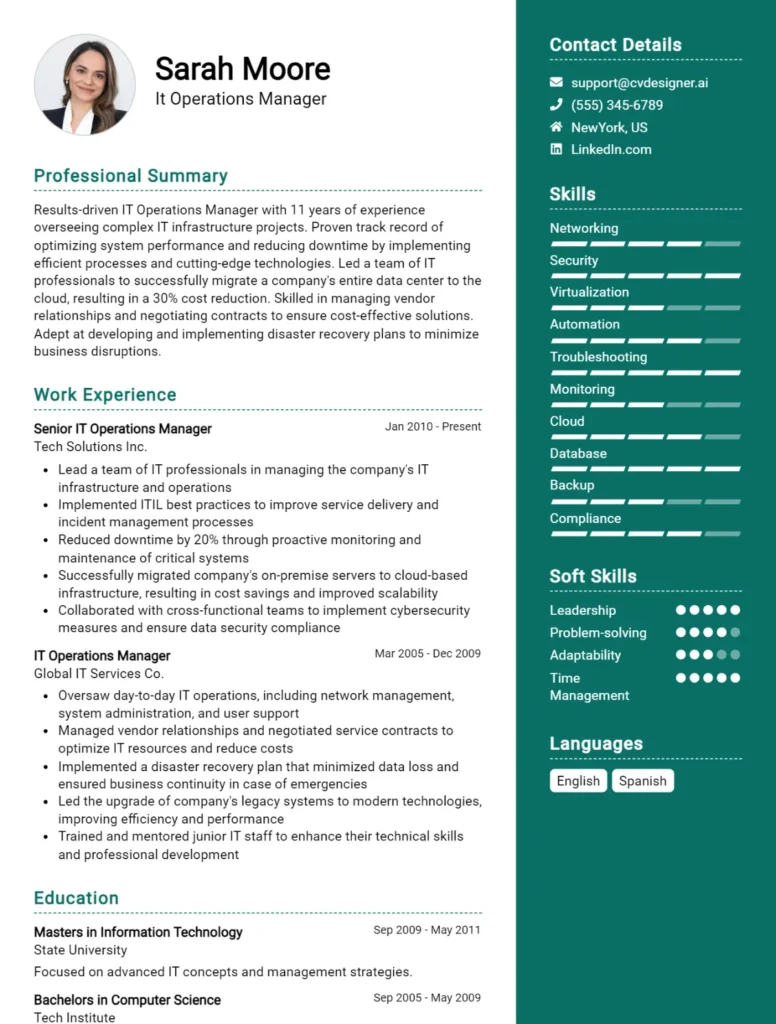 It Operations Manager CV Example