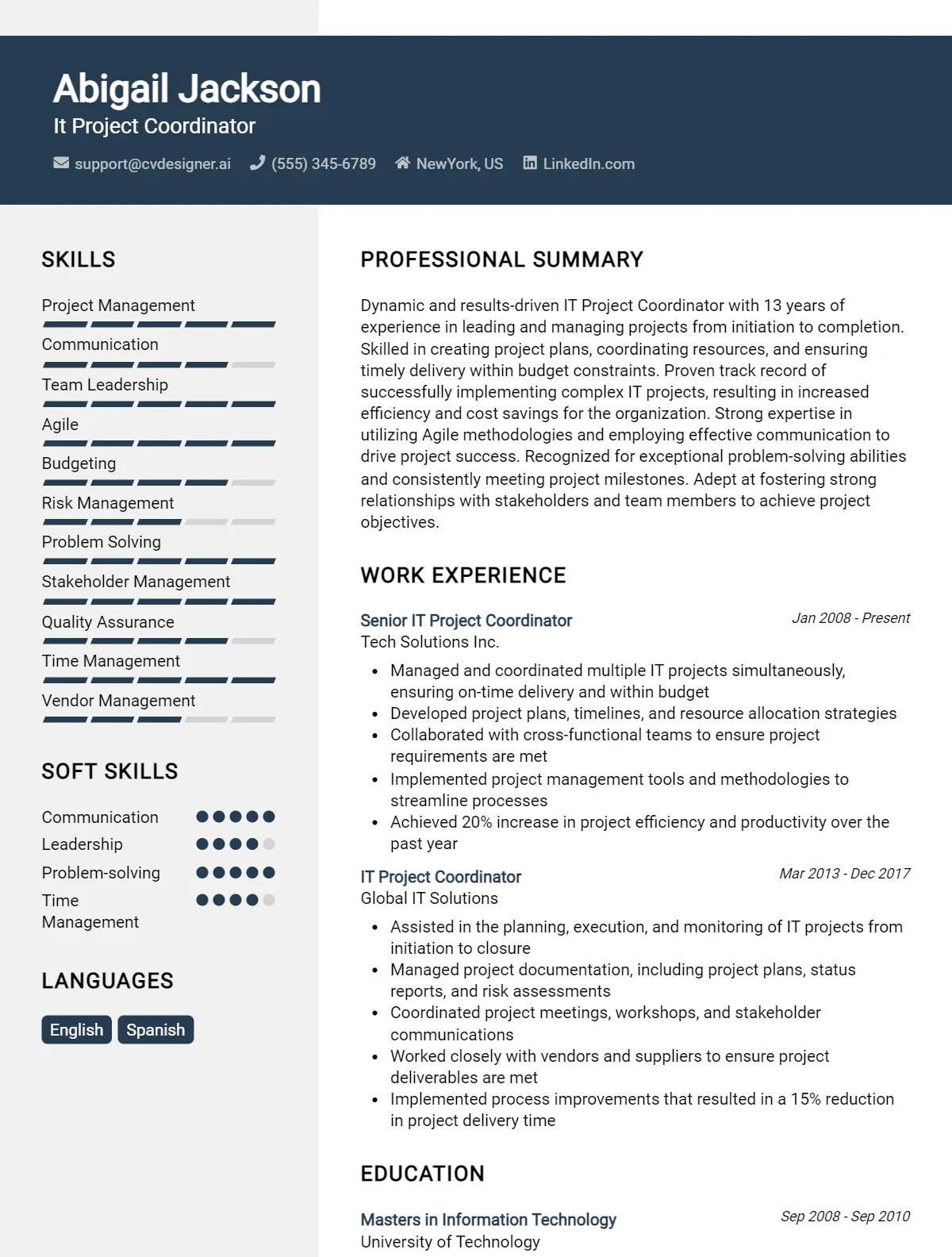 IT Project Coordinator CV Example For 2026: Free Downloadable Templates Preview
