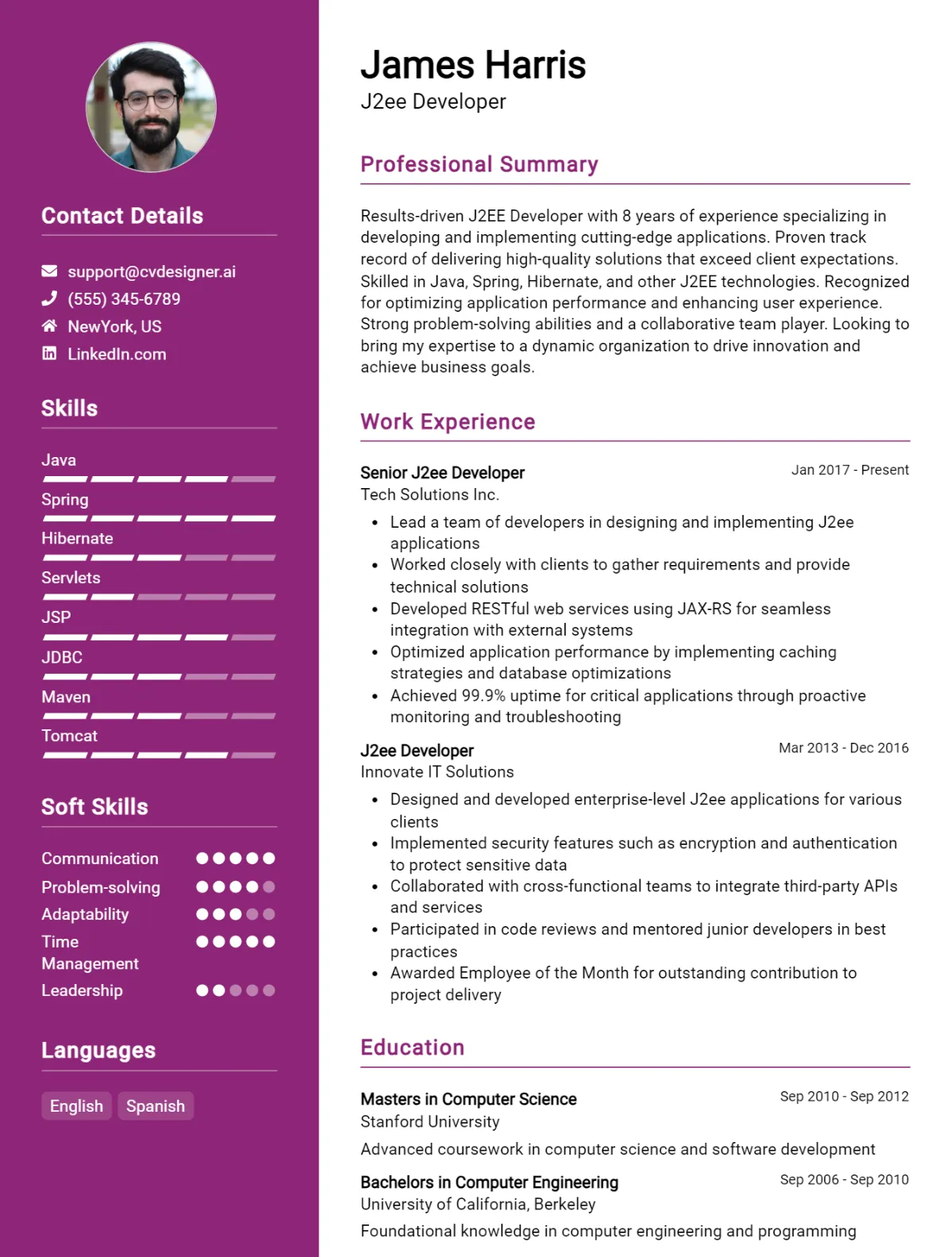 J2Ee Developer CV Example For 2026: Top CV Skills Preview