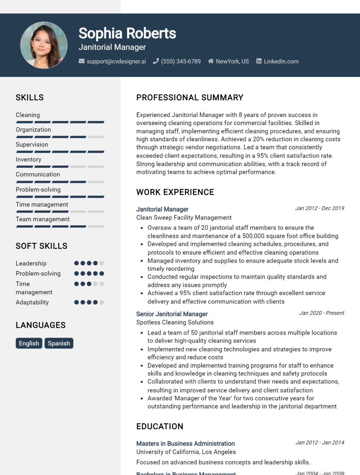 Janitorial Manager CV Example For 2026: Free Downloadable Templates Preview