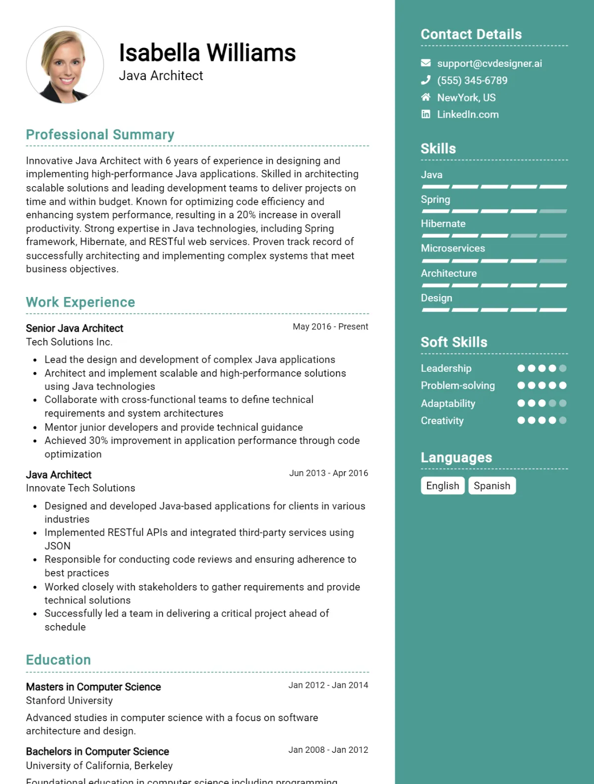 Java Architect CV Example For 2026: Free Professional Templates Preview