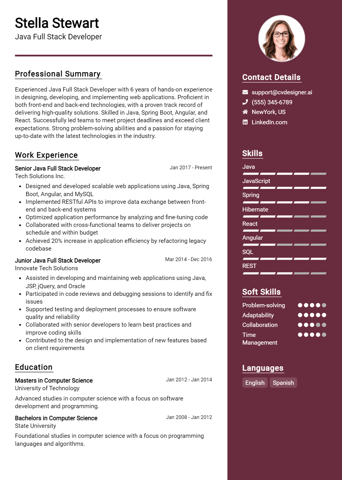 10 Java Full Stack Developer CV Examples And Templates for 2026 Preview