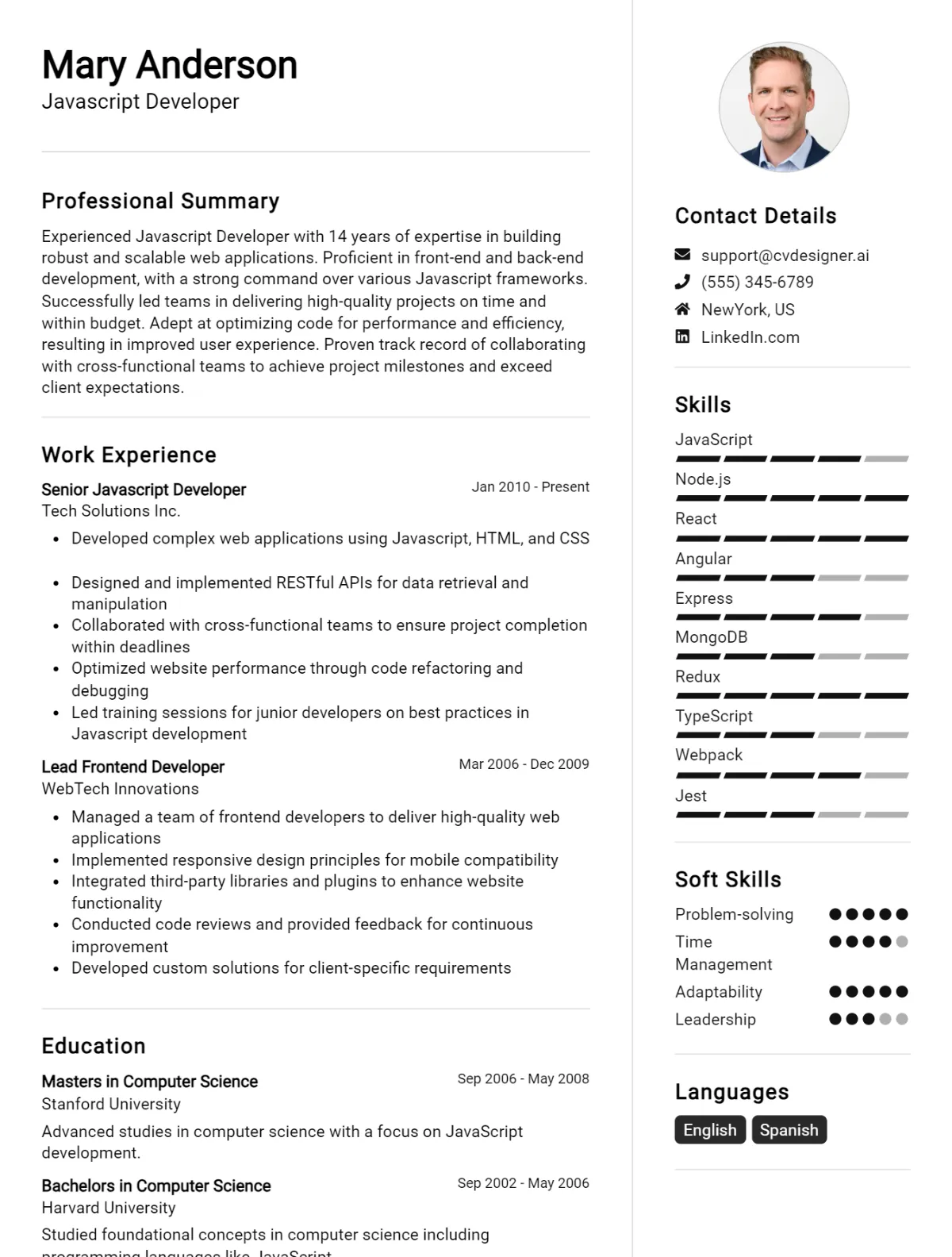 JavaScript Developer CV Example For 2026: Top CV Skills Preview