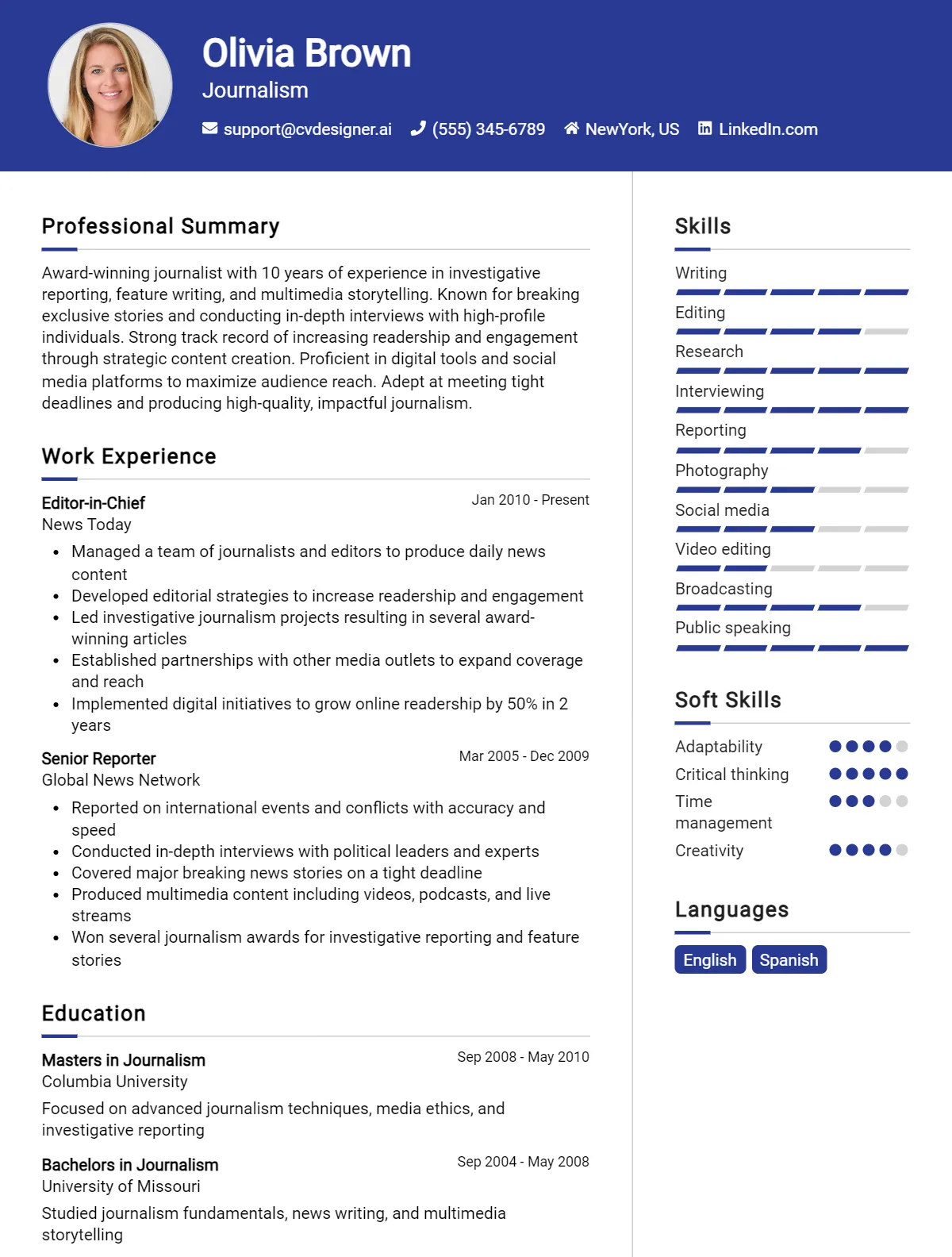 Journalism CV Example For 2026: Professional CV Templates Preview