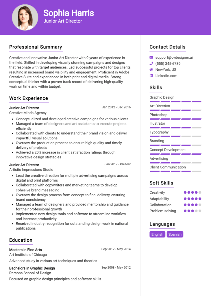Junior Art Director Resume Example