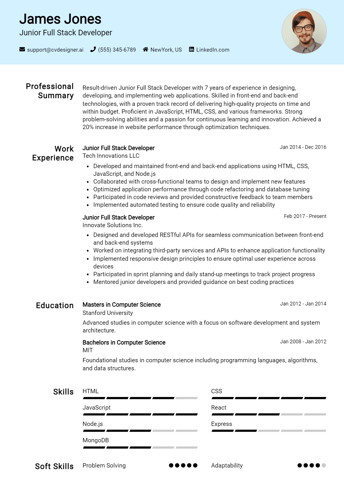 Junior Full Stack Developer CV Example for 2026 Preview