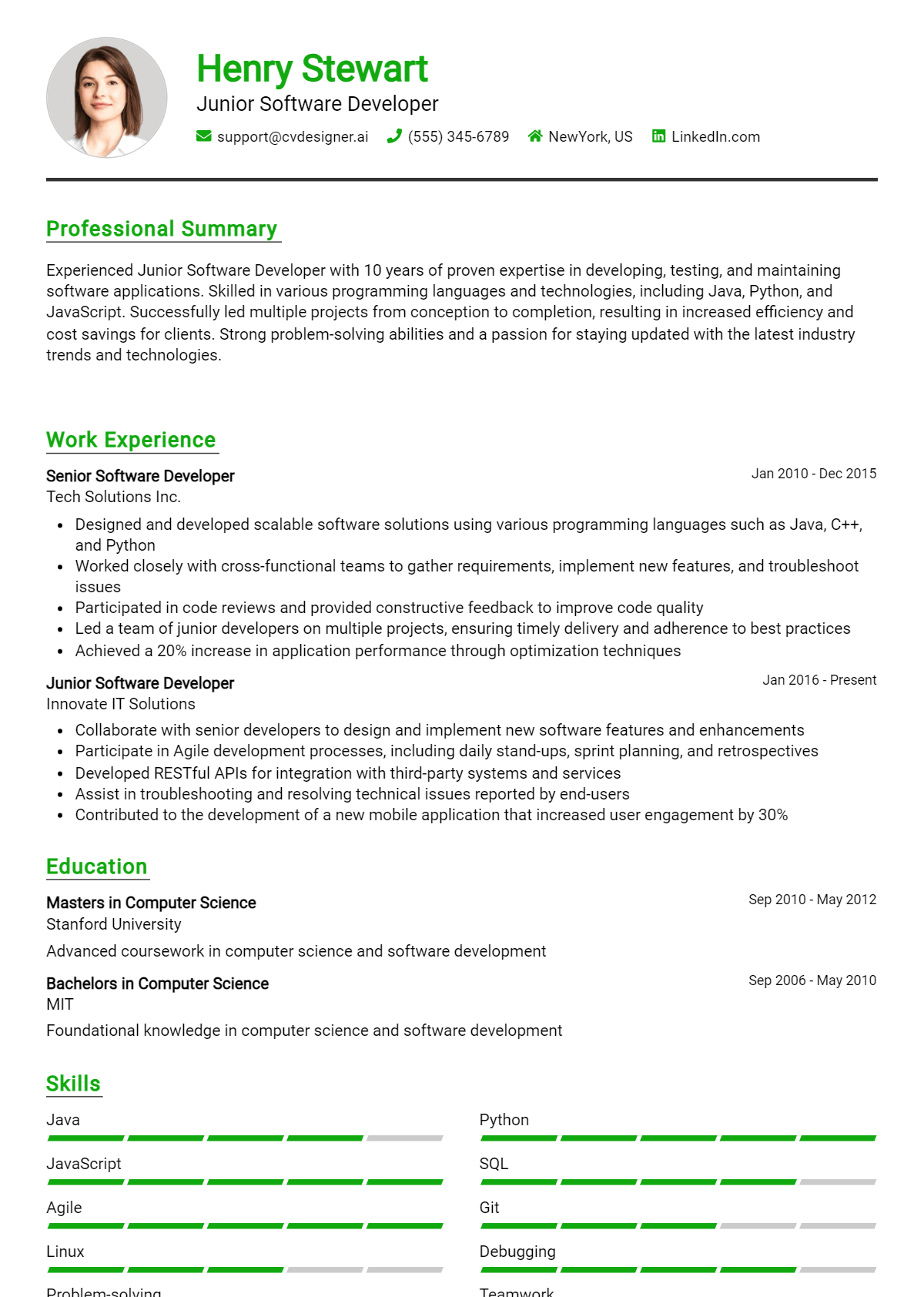 Junior Software Developer Resume Example for 2026: Free Samples Preview