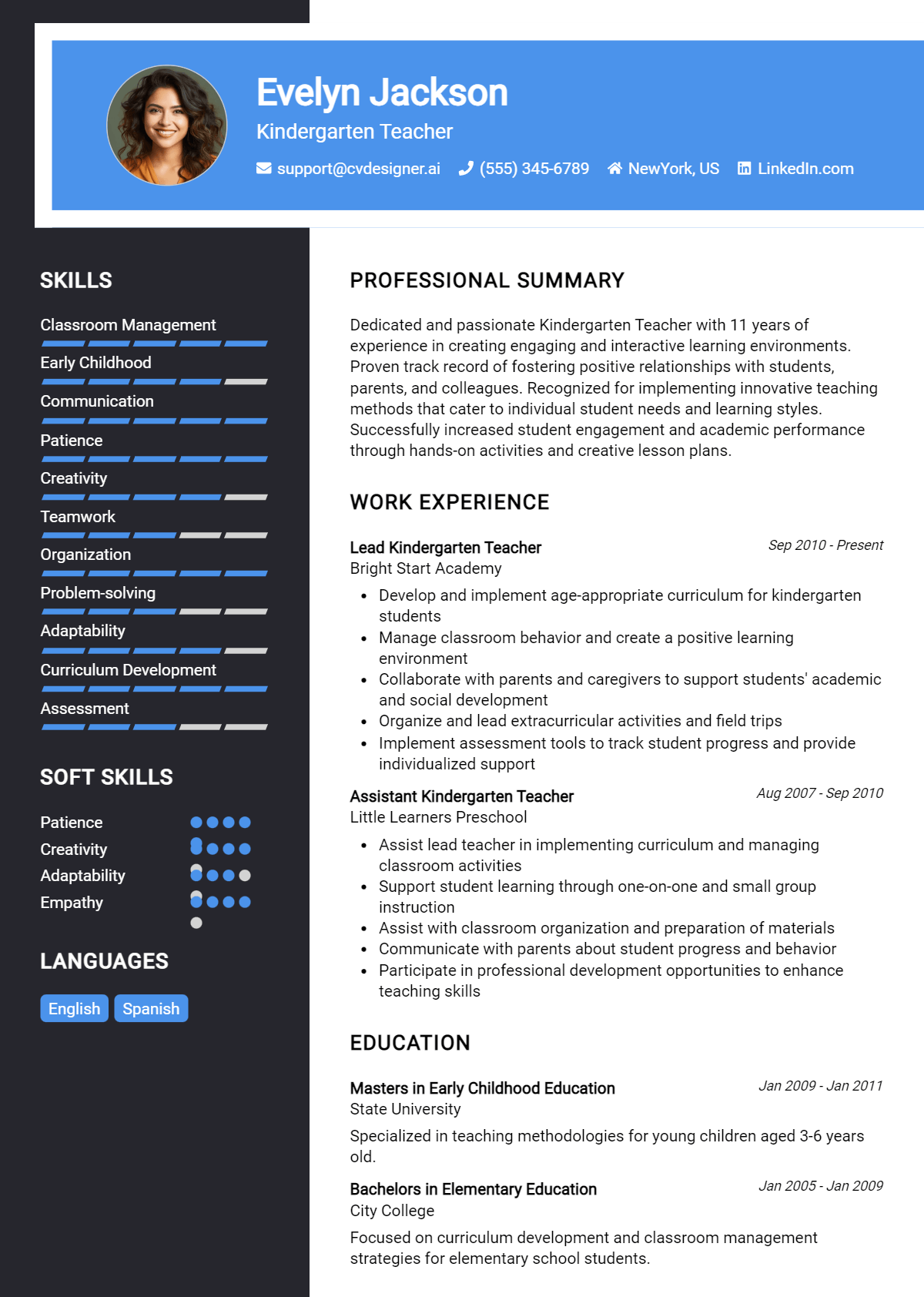 Kindergarten Teacher Resume Example for 2026: Professional CV Templates Preview