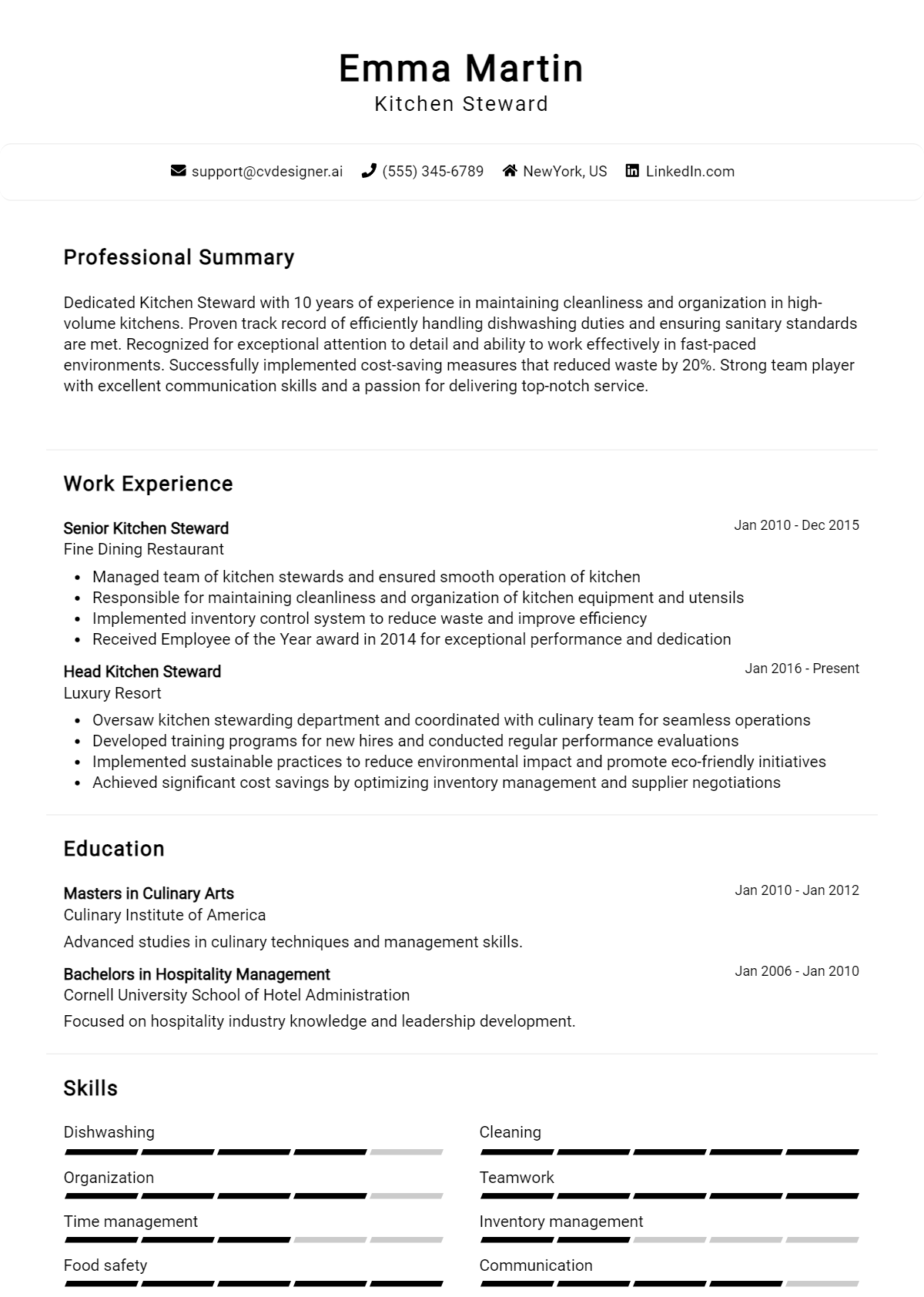 Kitchen Steward Resume Example for 2026: Examples & Free Templates Preview