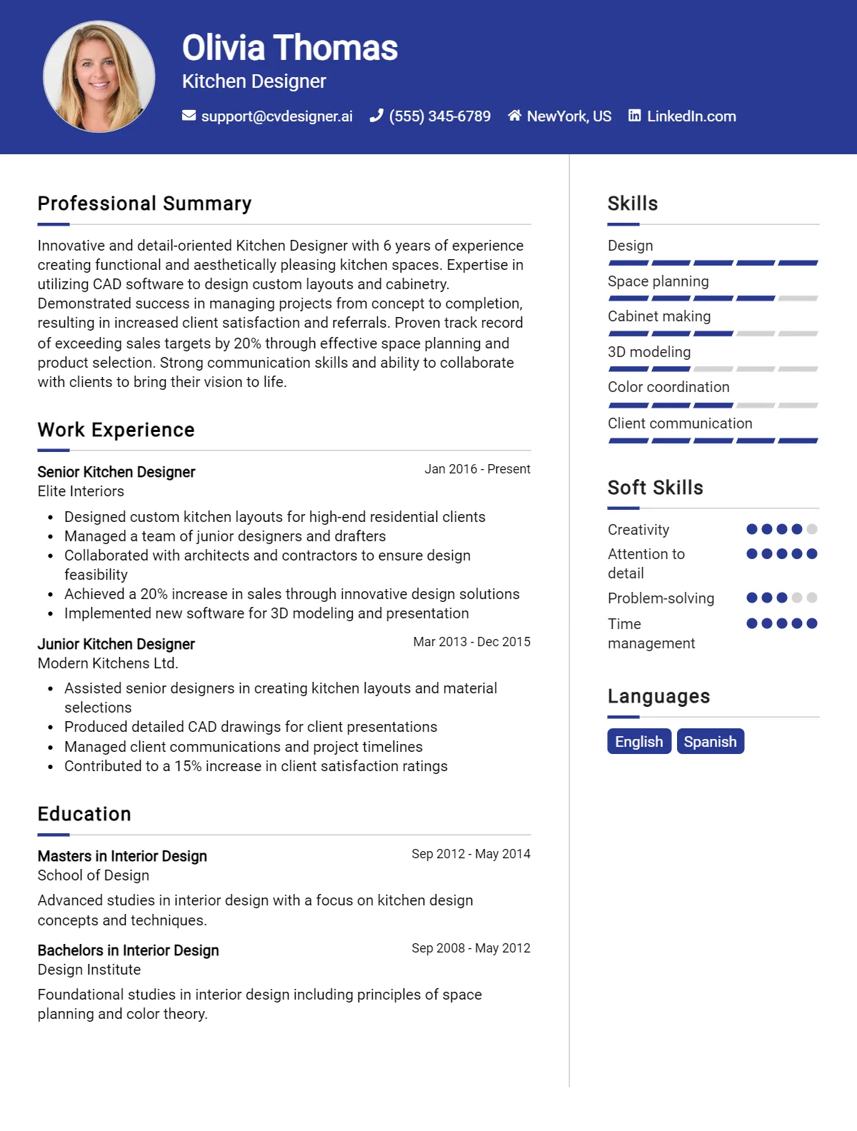 Kitchen Designer CV Example For 2026: Free Downloadable Templates Preview