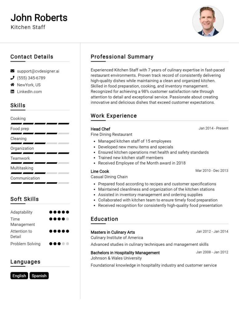 Kitchen Staff CV Example