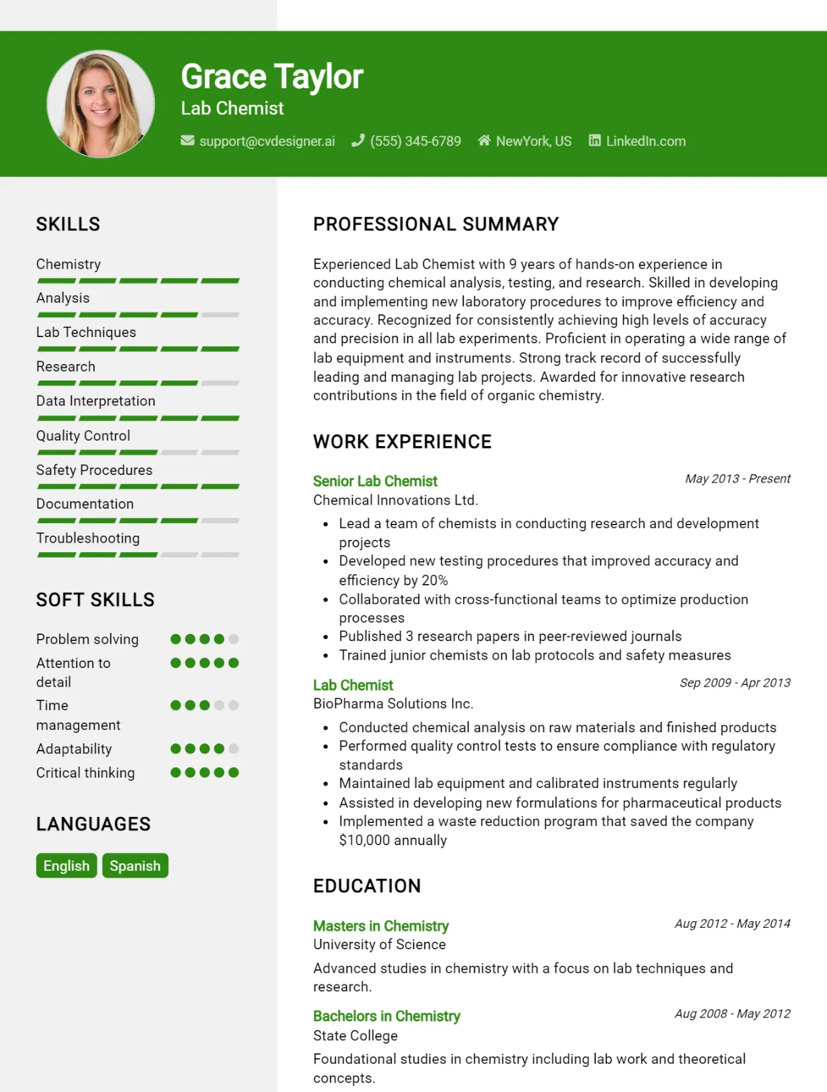 Lab Chemist CV Example For 2026: Professional CV Templates Preview