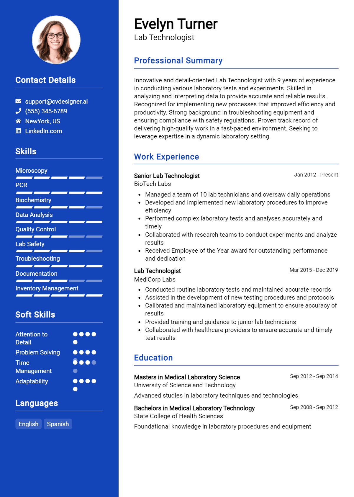Lab Technologist Resume Example for 2026: Examples & Free Templates Preview