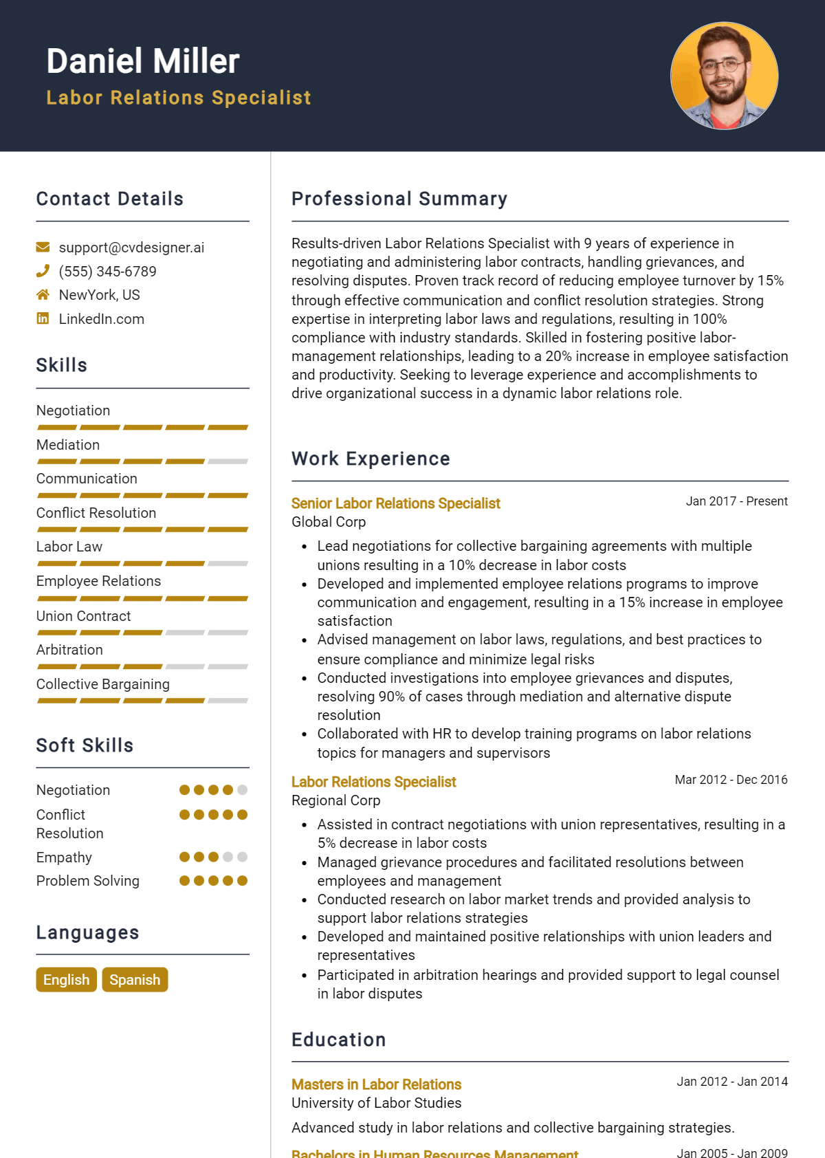 Labor Relations Specialist Resume Example for 2026: Strategies & Templates Preview